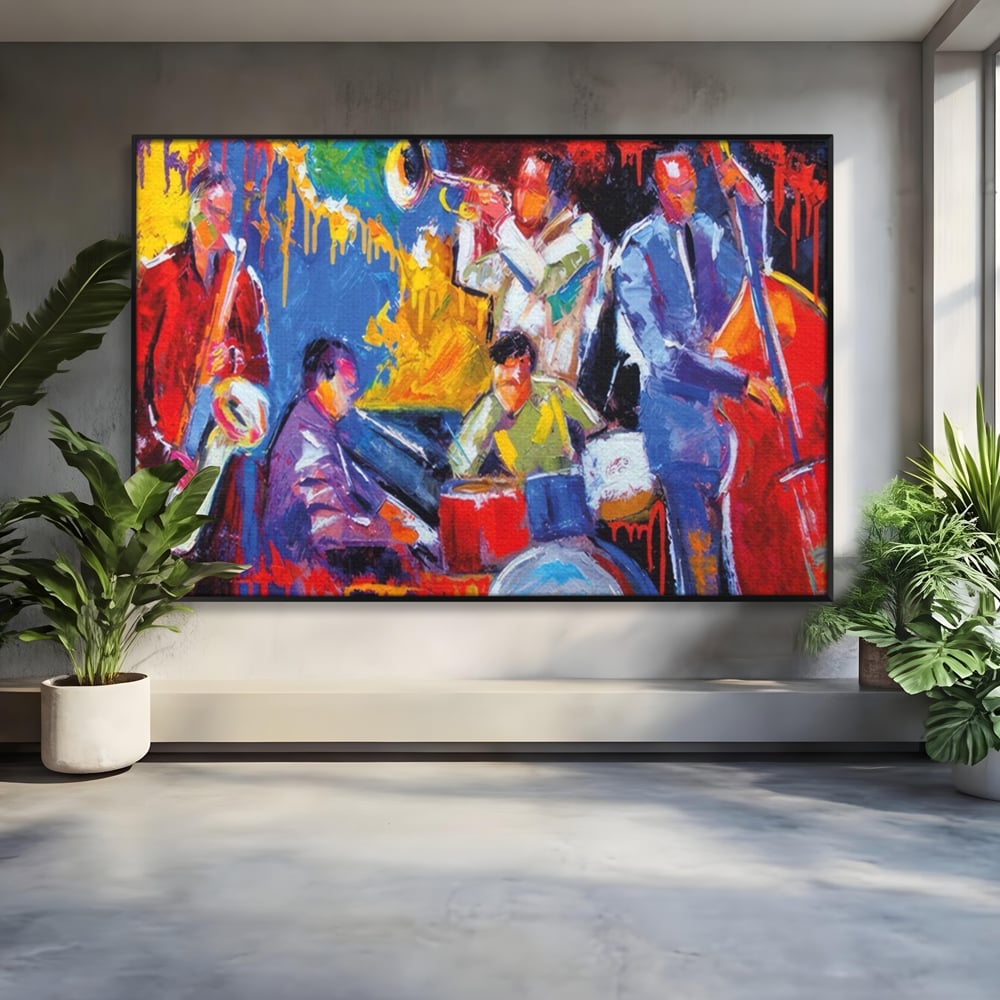 Tablou canvas cu pictura abstracta cu formatie de jazz, in rama de aluminiu negru